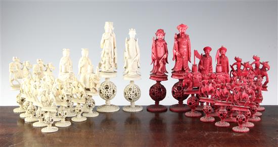 A 19th century Canton ivory chess set, kings 7.5in.